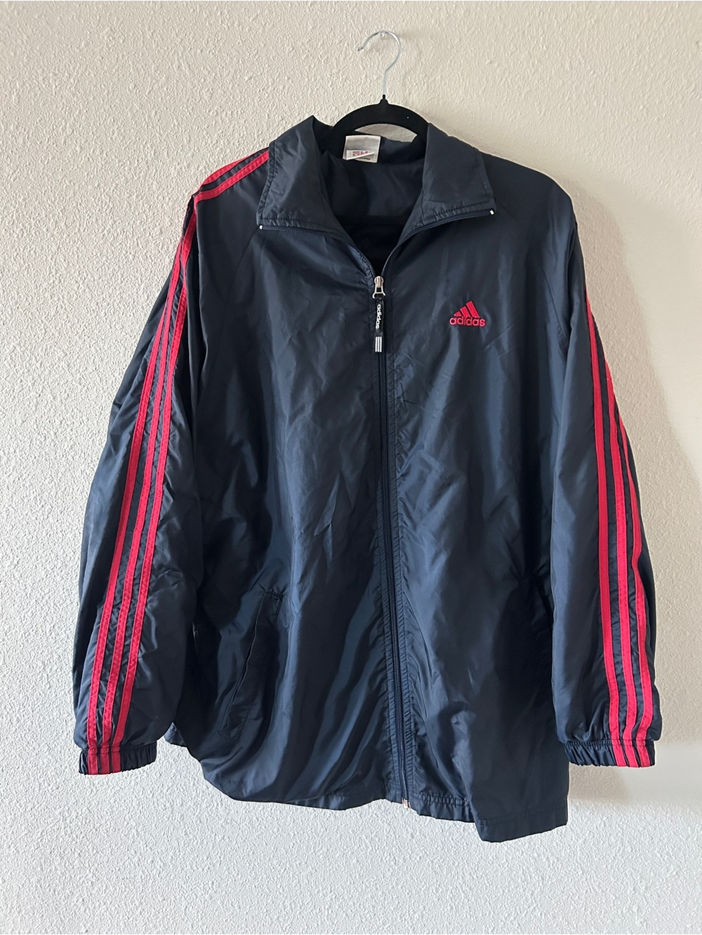 adidas Men's Navy Windbreaker with Red Stripes